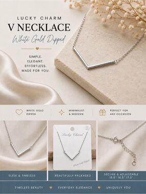 New Gorgeous Lucky Charm V necklace White Gold Dipped